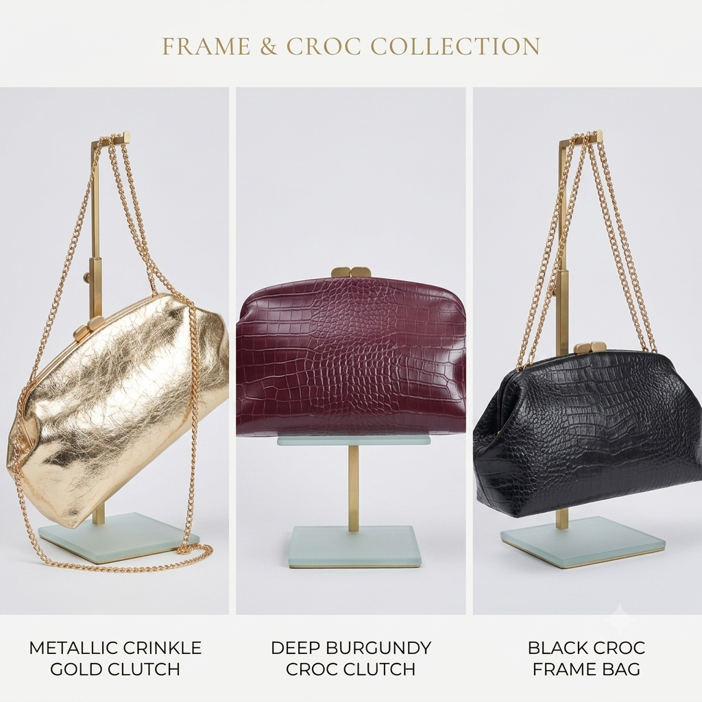 The JMNARTE Calyra Clutch Bag worn as a genuine leather clutch with chain strap, showing off its elegant croc-embossed mini handbag texture for an evening style pivot.