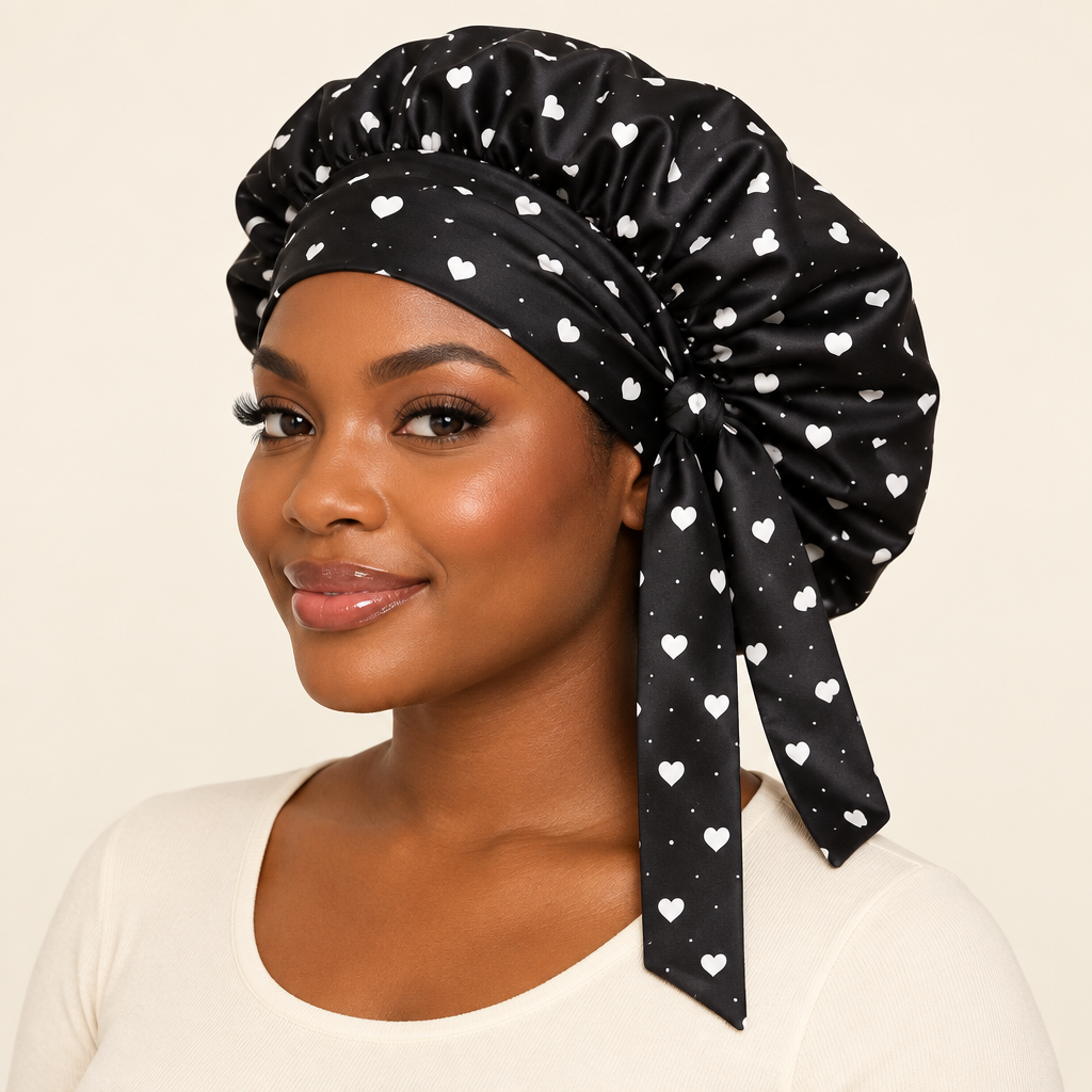 Black bonnet with white hearts on a model