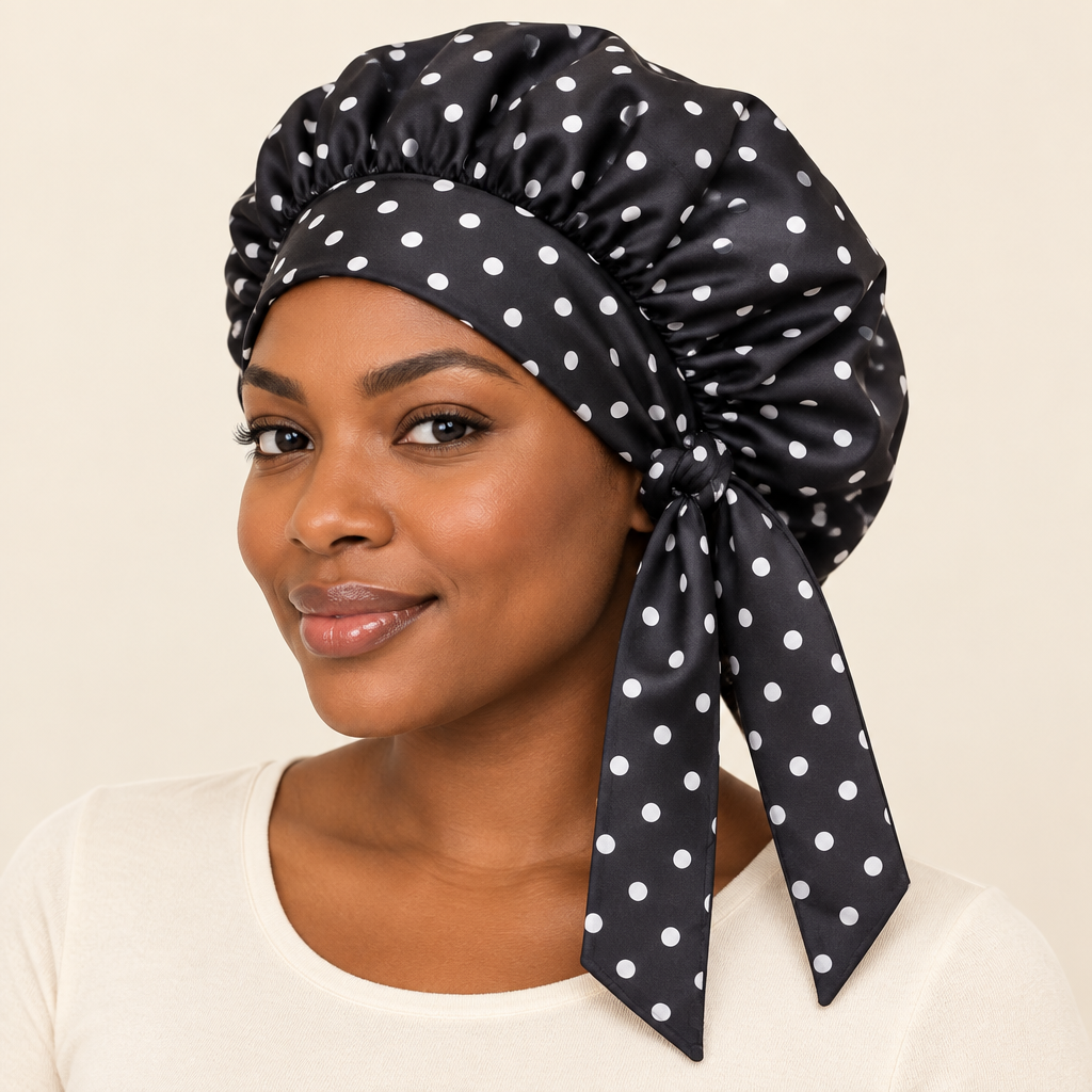 Black polka-dot bonnet on a model