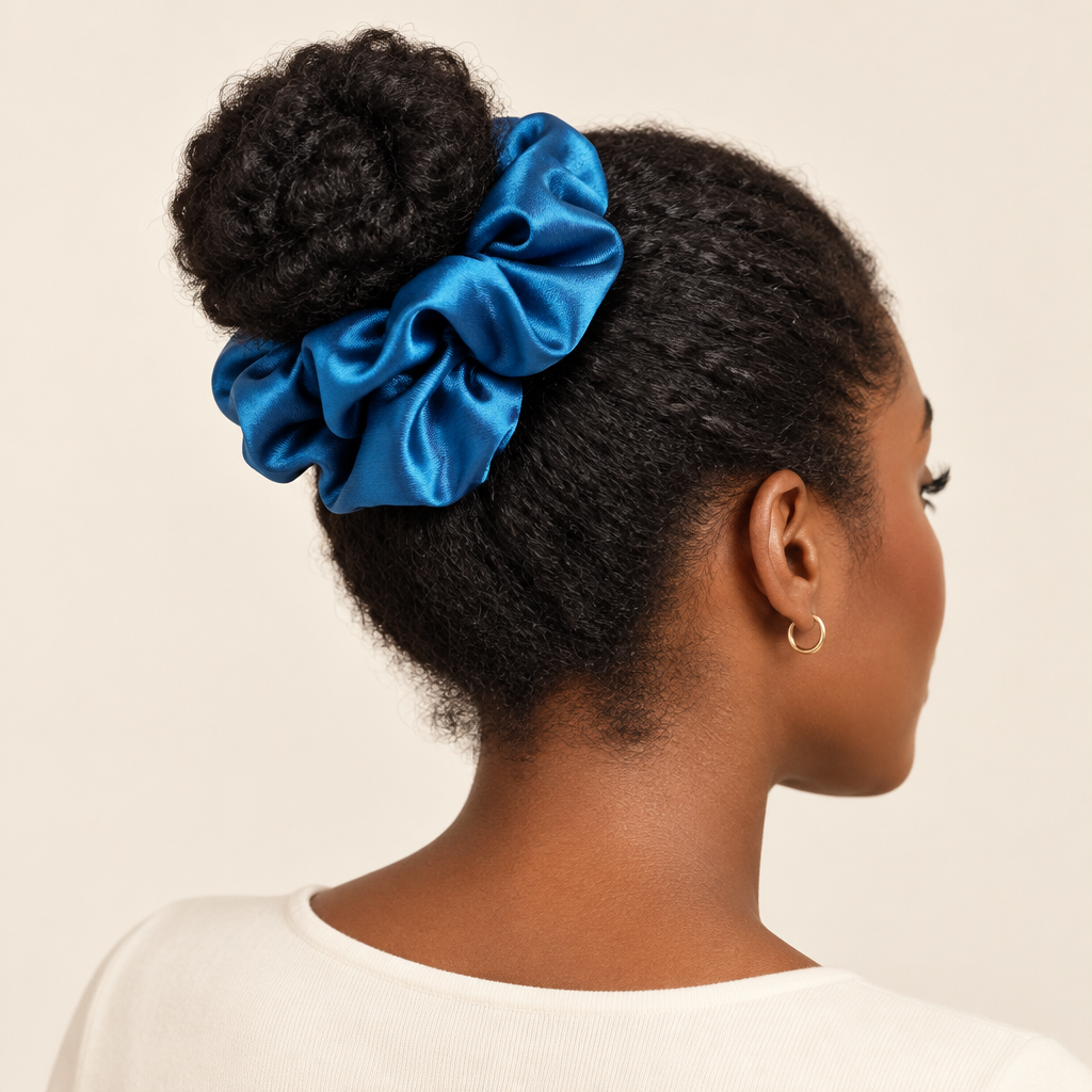 Blue satin scrunchie around a model’s bun