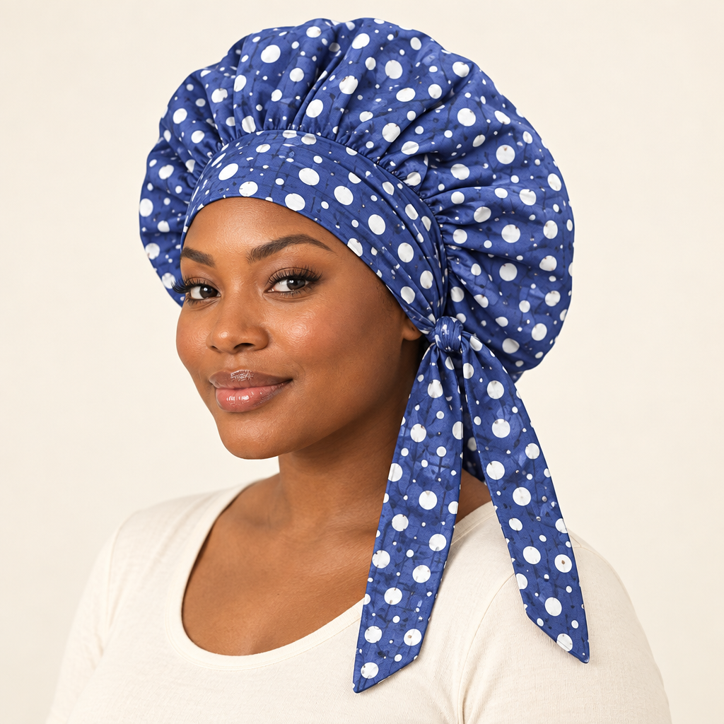Light blue polka-dot bonnet on a model