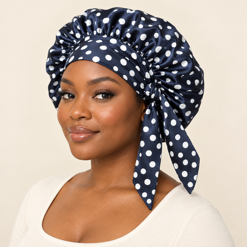 Navy polka-dot bonnet on a model