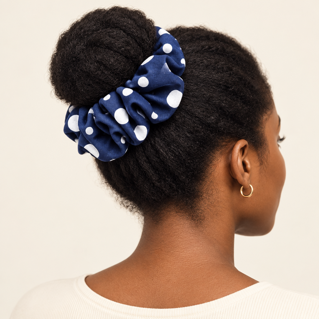 Navy polka-dot scrunchie around a model’s bun