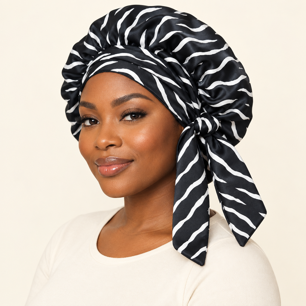 Second zebra-print bonnet on a model
