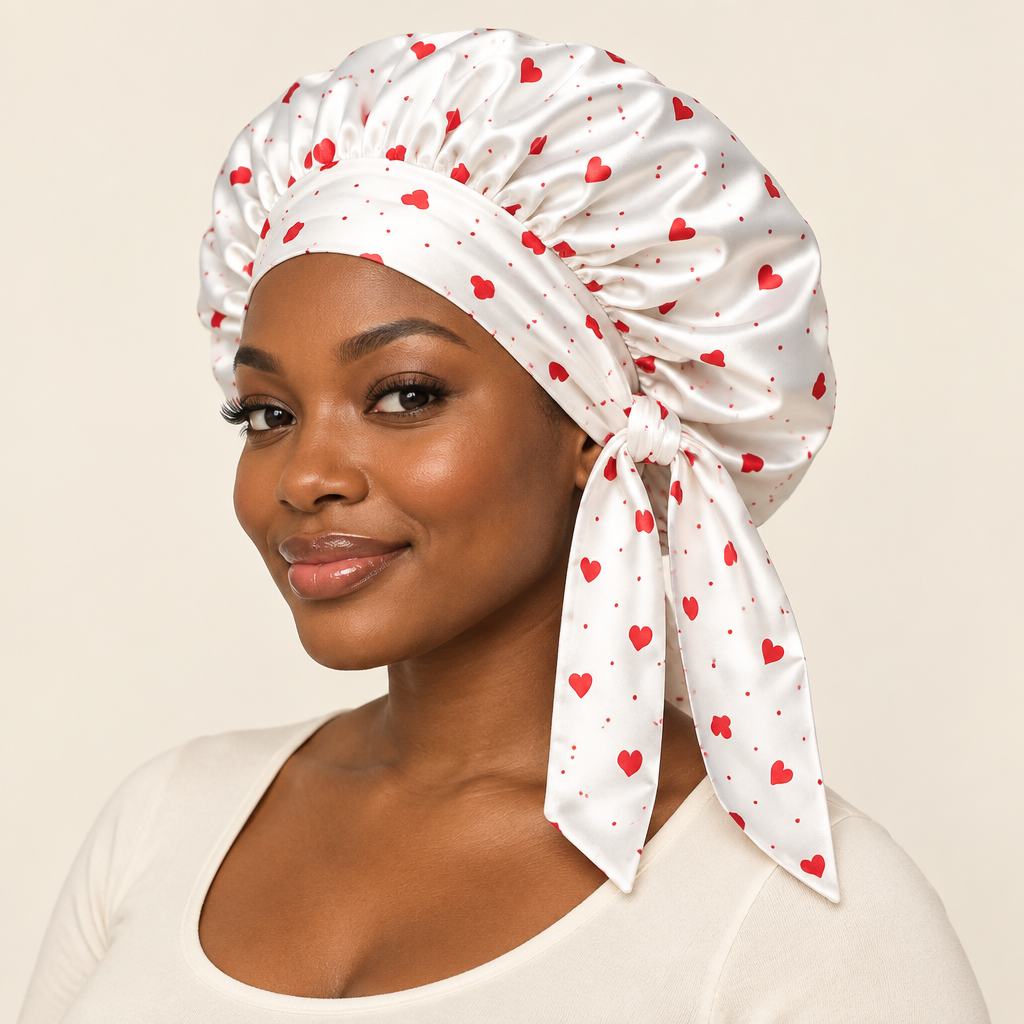 White bonnet with red hearts on a model